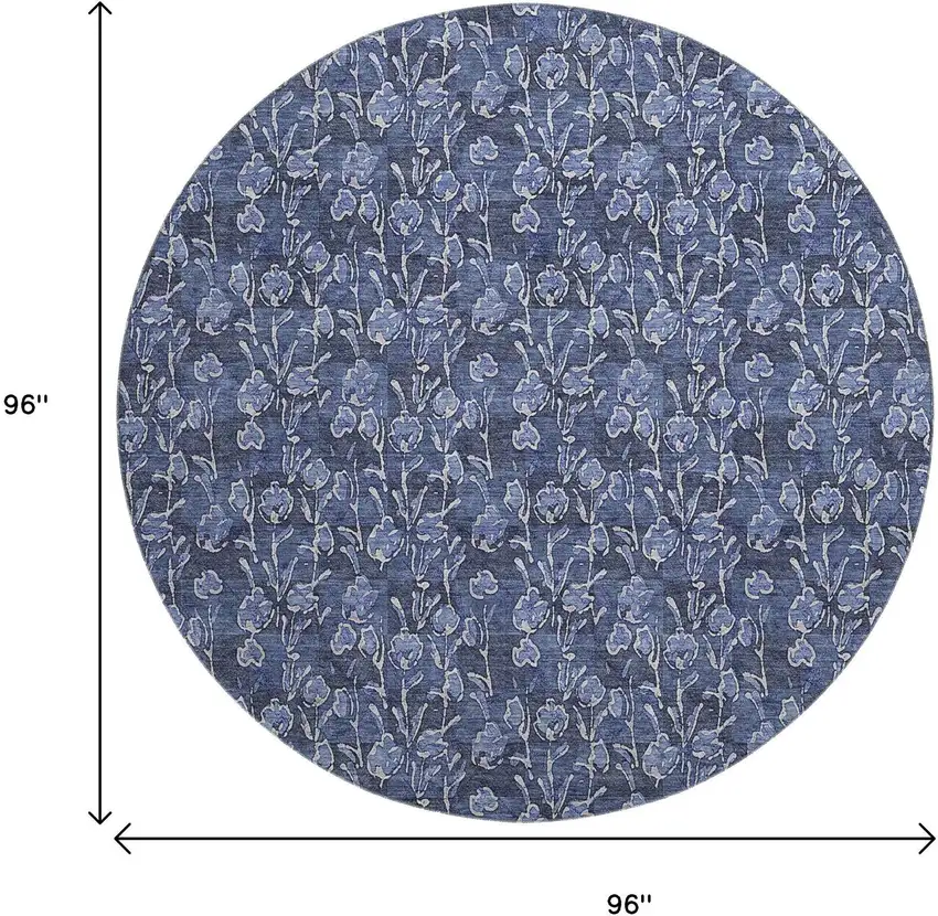8' Navy Blue And Ivory Floral Washable Round Rug With UV Protection Photo 6