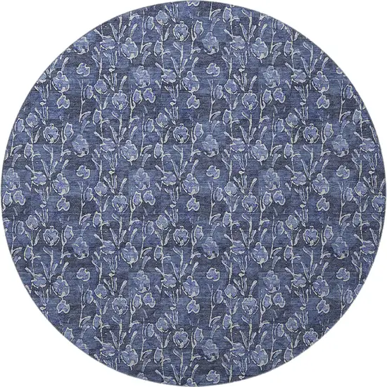8' Navy Blue And Ivory Floral Washable Round Rug With UV Protection Photo 3