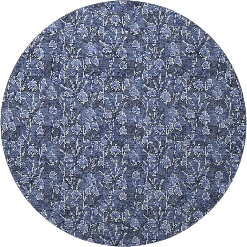 8' Navy Blue And Ivory Floral Washable Round Rug With UV Protection Photo 3