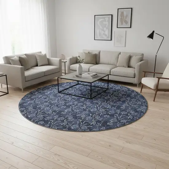 8' Navy Blue And Ivory Floral Washable Round Rug With UV Protection Photo 2