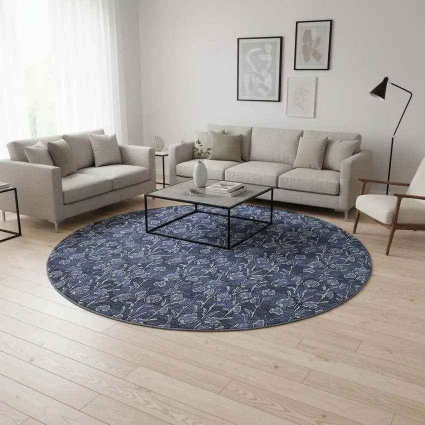 8' Navy Blue And Ivory Floral Washable Round Rug With UV Protection Photo 2