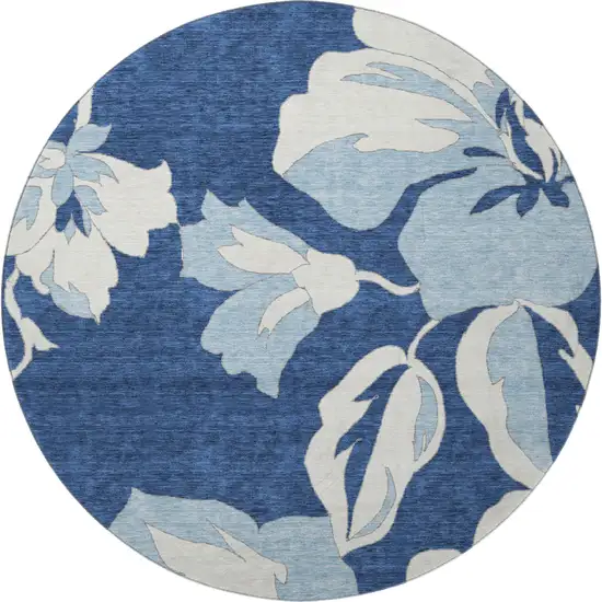 8' Navy Blue And Ivory Floral Washable Round Rug With UV Protection Photo 4