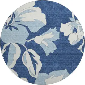 Photo of 8' Navy Blue And Ivory Floral Washable Round Rug With UV Protection