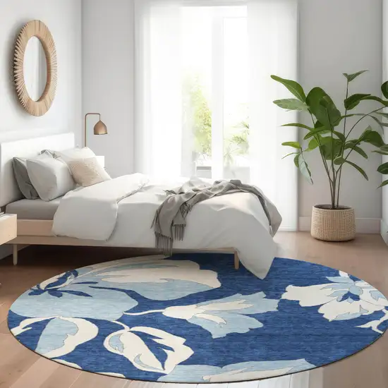8' Navy Blue And Ivory Floral Washable Round Rug With UV Protection Photo 5