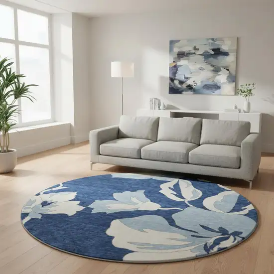 8' Navy Blue And Ivory Floral Washable Round Rug With UV Protection Photo 2