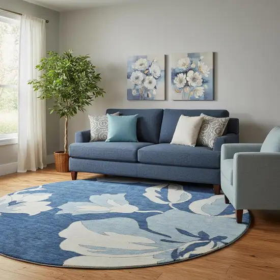 8' Navy Blue And Ivory Floral Washable Round Rug With UV Protection Photo 1
