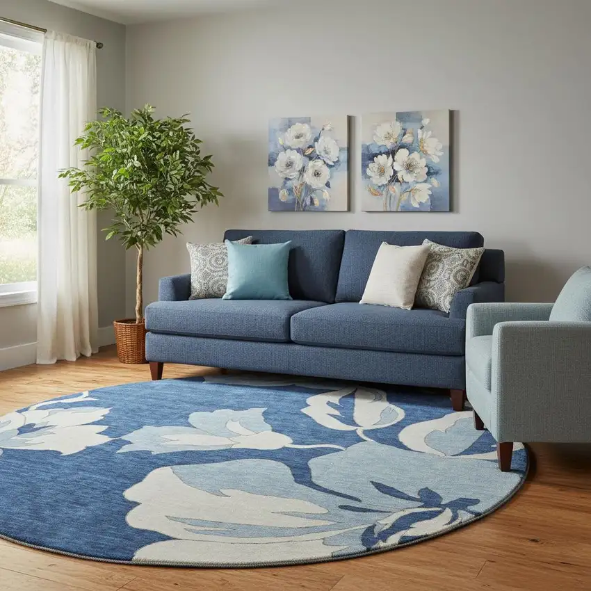 8' Navy Blue And Ivory Floral Washable Round Rug With UV Protection Photo 1