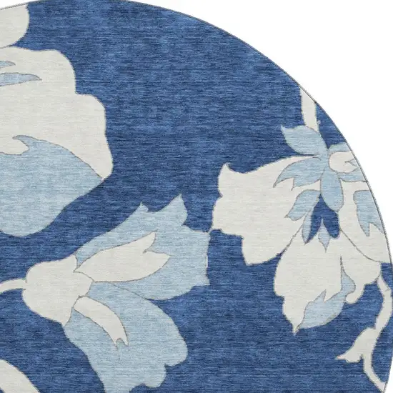 8' Navy Blue And Ivory Floral Washable Round Rug With UV Protection Photo 3