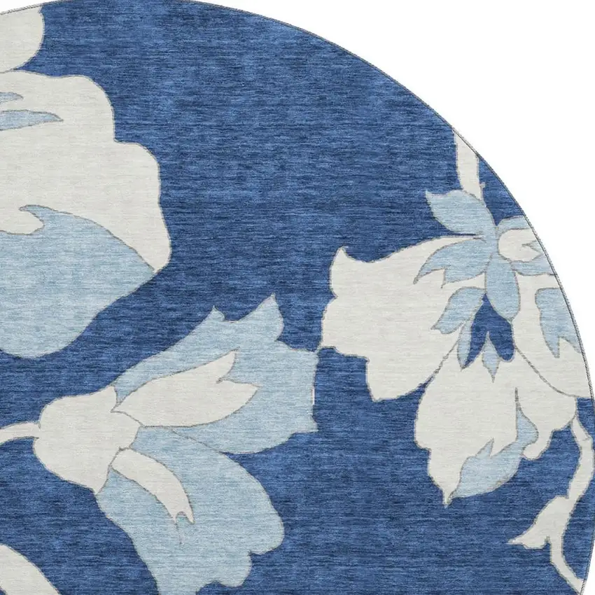 8' Navy Blue And Ivory Floral Washable Round Rug With UV Protection Photo 3