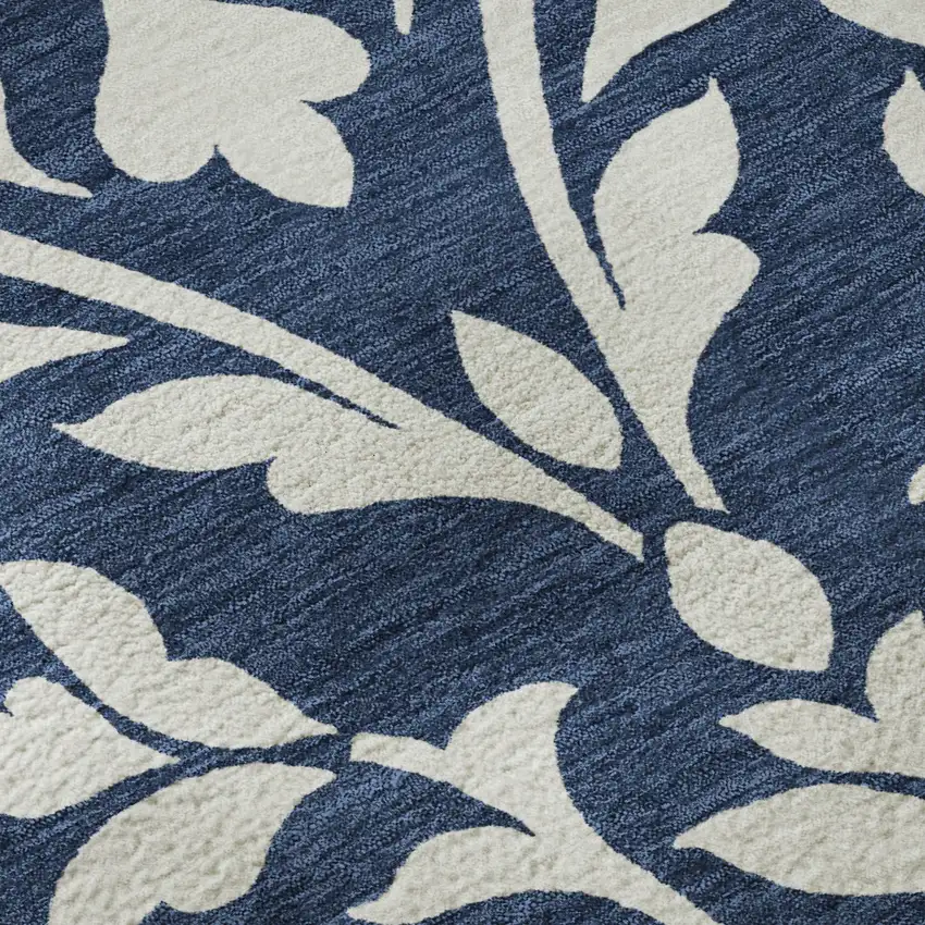 8' Navy Blue And Ivory Floral Washable Round Rug With UV Protection Photo 8