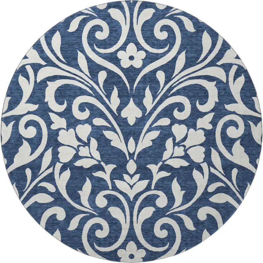 8' Navy Blue And Ivory Floral Washable Round Rug With UV Protection Photo 3