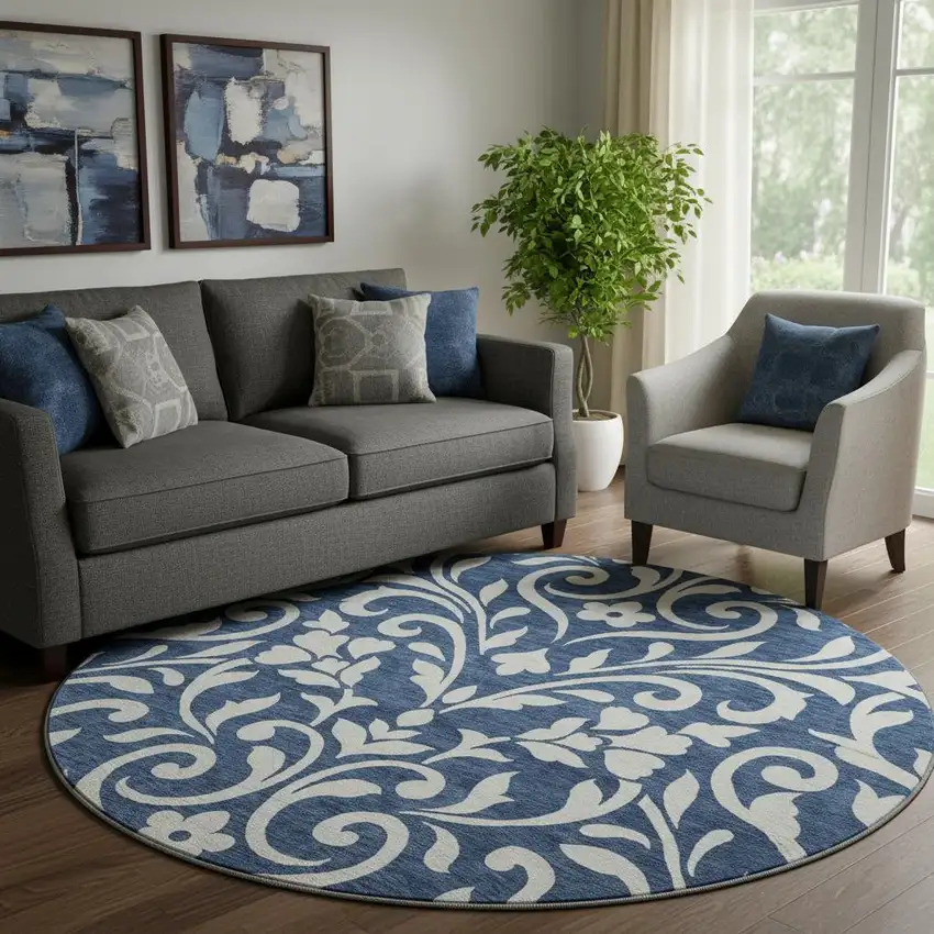 8' Navy Blue And Ivory Floral Washable Round Rug With UV Protection Photo 1