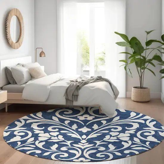 8' Navy Blue And Ivory Floral Washable Round Rug With UV Protection Photo 4