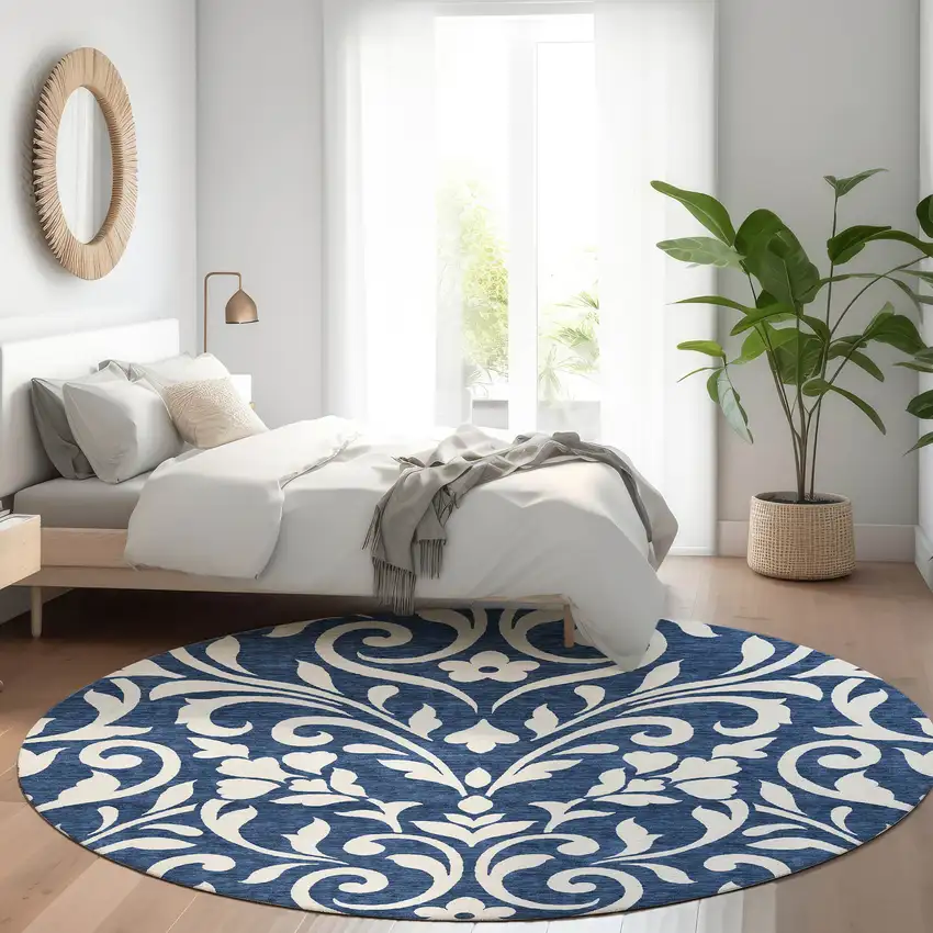 8' Navy Blue And Ivory Floral Washable Round Rug With UV Protection Photo 4
