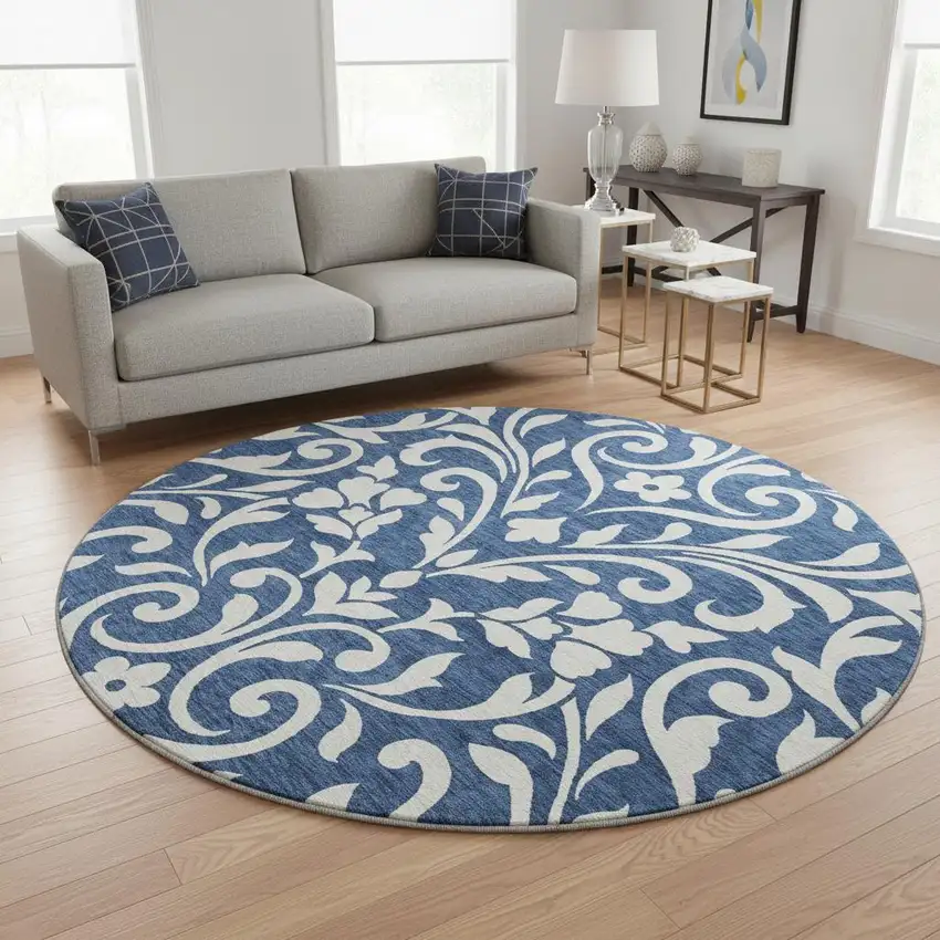 8' Navy Blue And Ivory Floral Washable Round Rug With UV Protection Photo 2