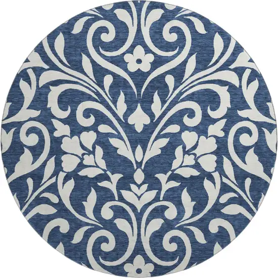 8' Navy Blue And Ivory Floral Washable Round Rug With UV Protection Photo 1