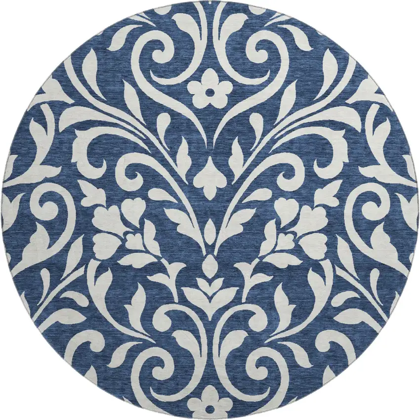 8' Navy Blue And Ivory Floral Washable Round Rug With UV Protection Photo 1