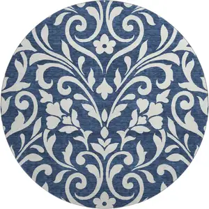 Photo of 8' Navy Blue And Ivory Floral Washable Round Rug With UV Protection