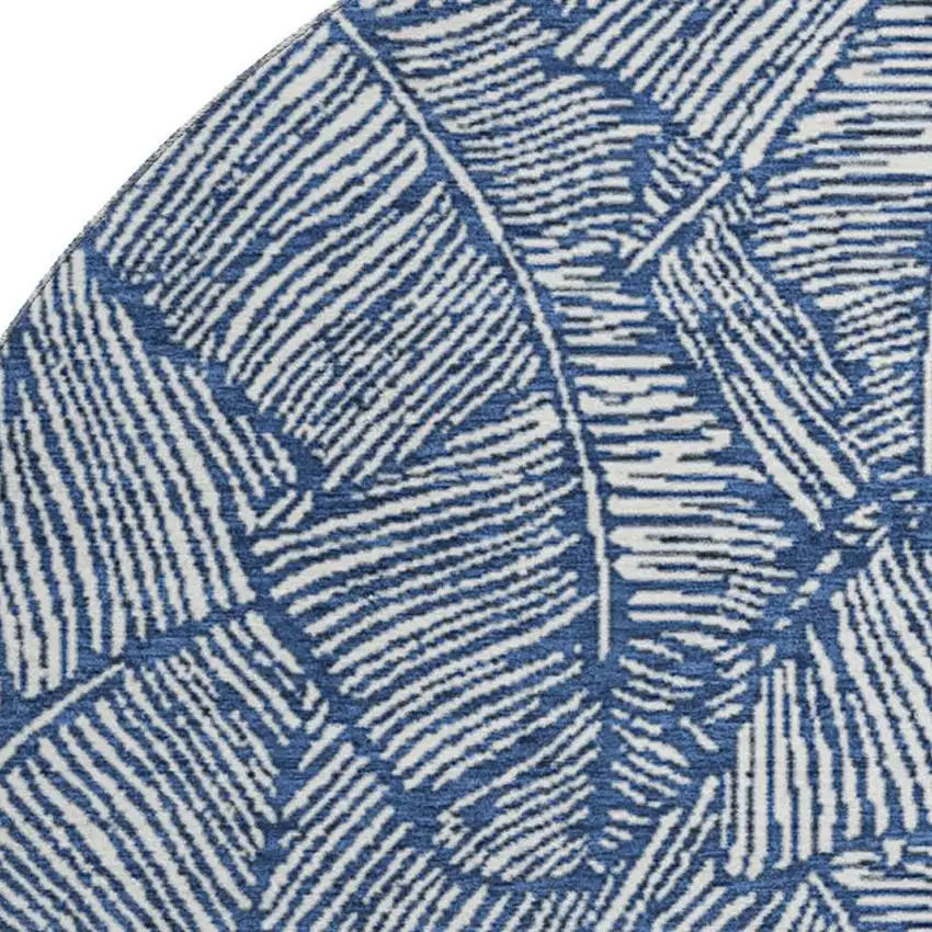 8' Navy Blue And Ivory Floral Washable Round Rug With UV Protection Photo 3