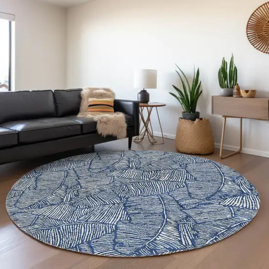8' Navy Blue And Ivory Floral Washable Round Rug With UV Protection Photo 5