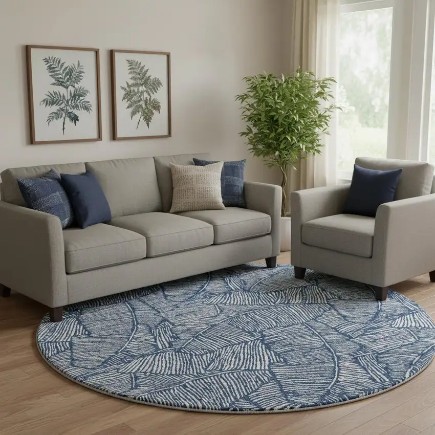 8' Navy Blue And Ivory Floral Washable Round Rug With UV Protection Photo 1