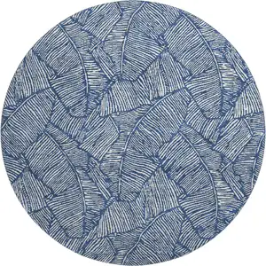 Photo of 8' Navy Blue And Ivory Floral Washable Round Rug With UV Protection