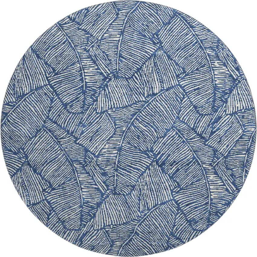 8' Navy Blue And Ivory Floral Washable Round Rug With UV Protection Photo 1