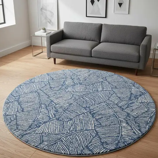 8' Navy Blue And Ivory Floral Washable Round Rug With UV Protection Photo 2