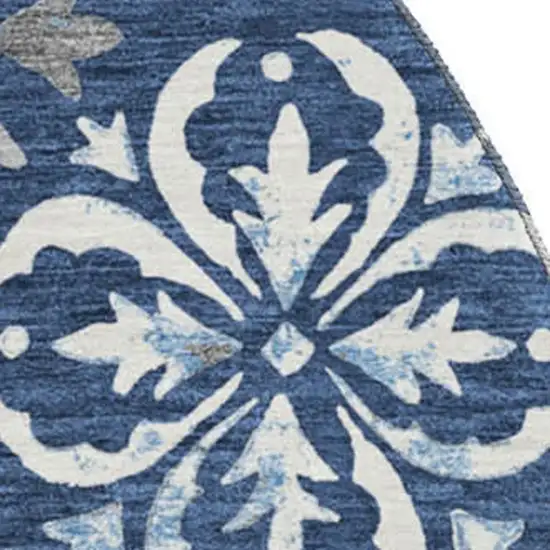 8' Navy Blue And Ivory Floral Washable Round Rug With UV Protection Photo 2