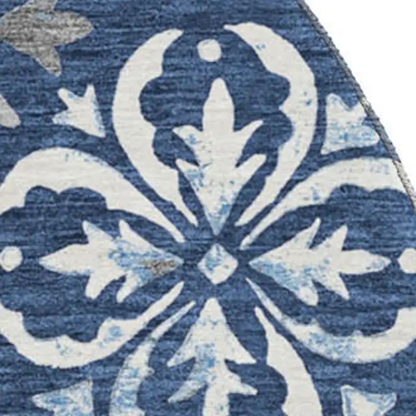 8' Navy Blue And Ivory Floral Washable Round Rug With UV Protection Photo 2