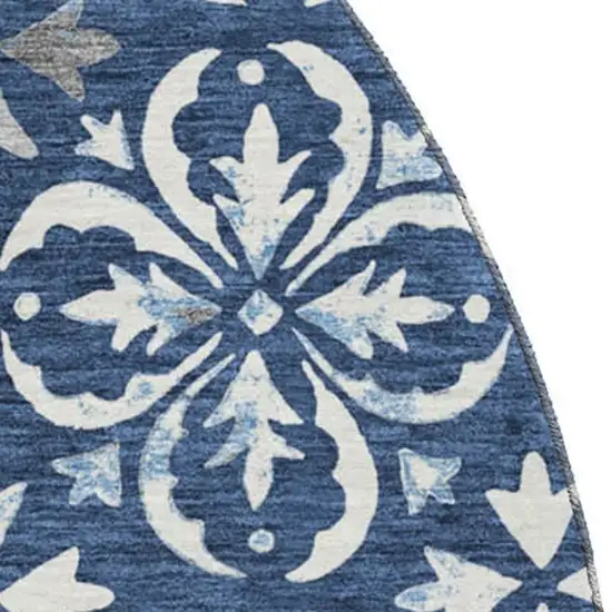 8' Navy Blue And Ivory Floral Washable Round Rug With UV Protection Photo 3