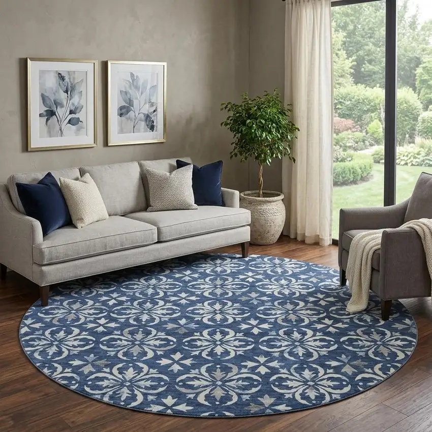 8' Navy Blue And Ivory Floral Washable Round Rug With UV Protection Photo 1