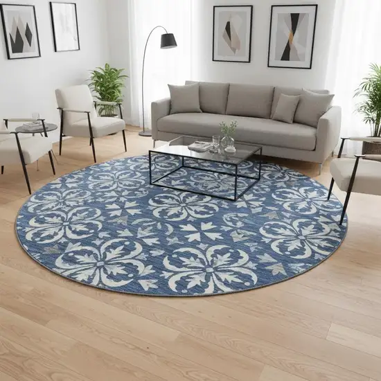8' Navy Blue And Ivory Floral Washable Round Rug With UV Protection Photo 2
