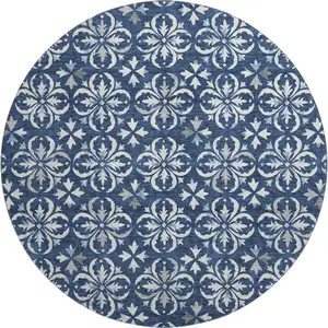 Photo of 8' Navy Blue And Ivory Floral Washable Round Rug With UV Protection