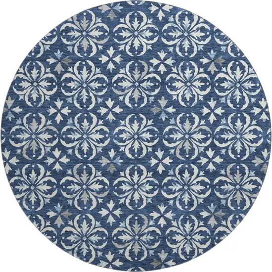 8' Navy Blue And Ivory Floral Washable Round Rug With UV Protection Photo 1