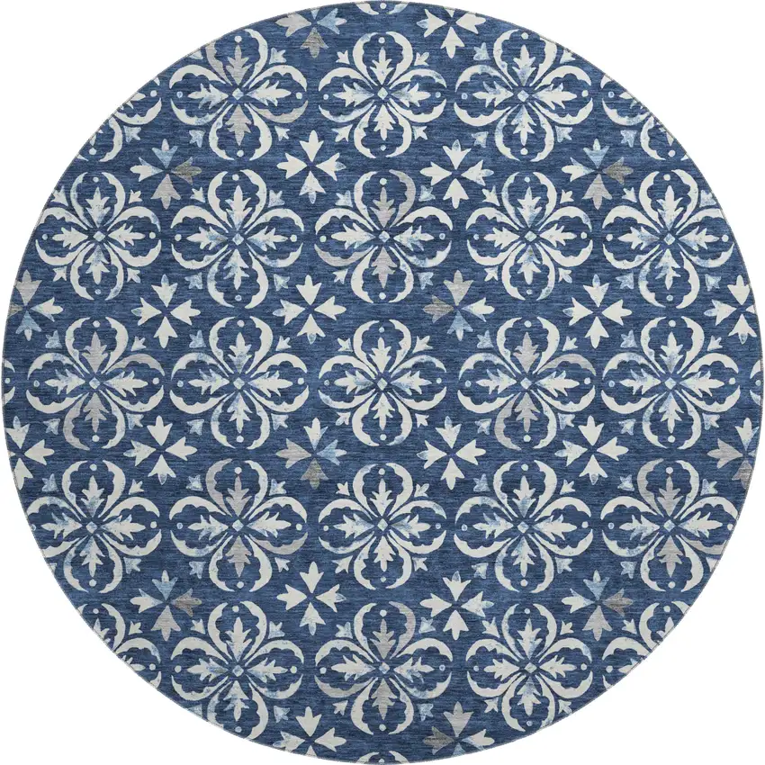 8' Navy Blue And Ivory Floral Washable Round Rug With UV Protection Photo 1