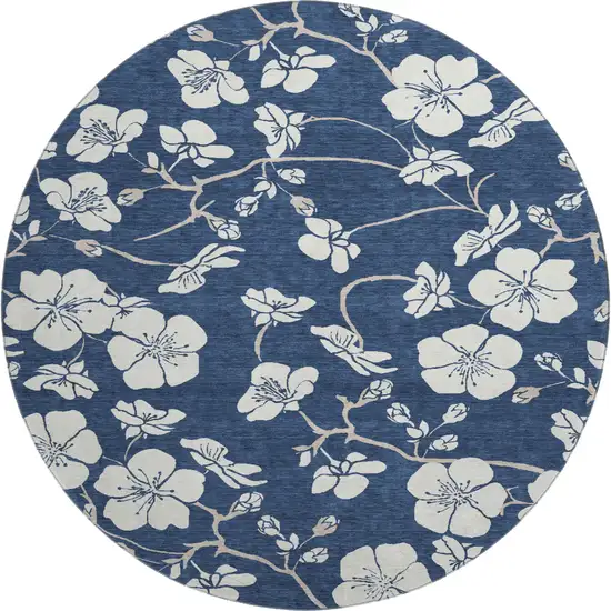 8' Navy Blue And Ivory Floral Washable Round Rug With UV Protection Photo 1