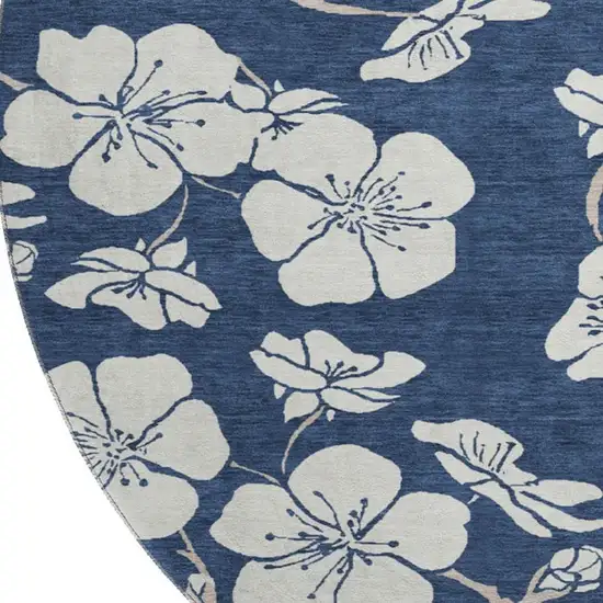 8' Navy Blue And Ivory Floral Washable Round Rug With UV Protection Photo 3