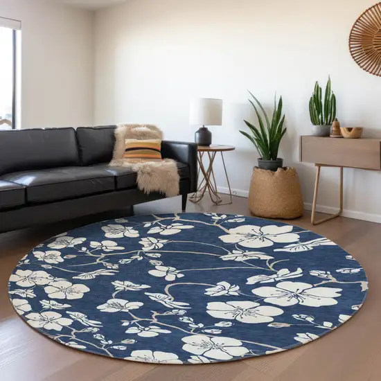 8' Navy Blue And Ivory Floral Washable Round Rug With UV Protection Photo 4