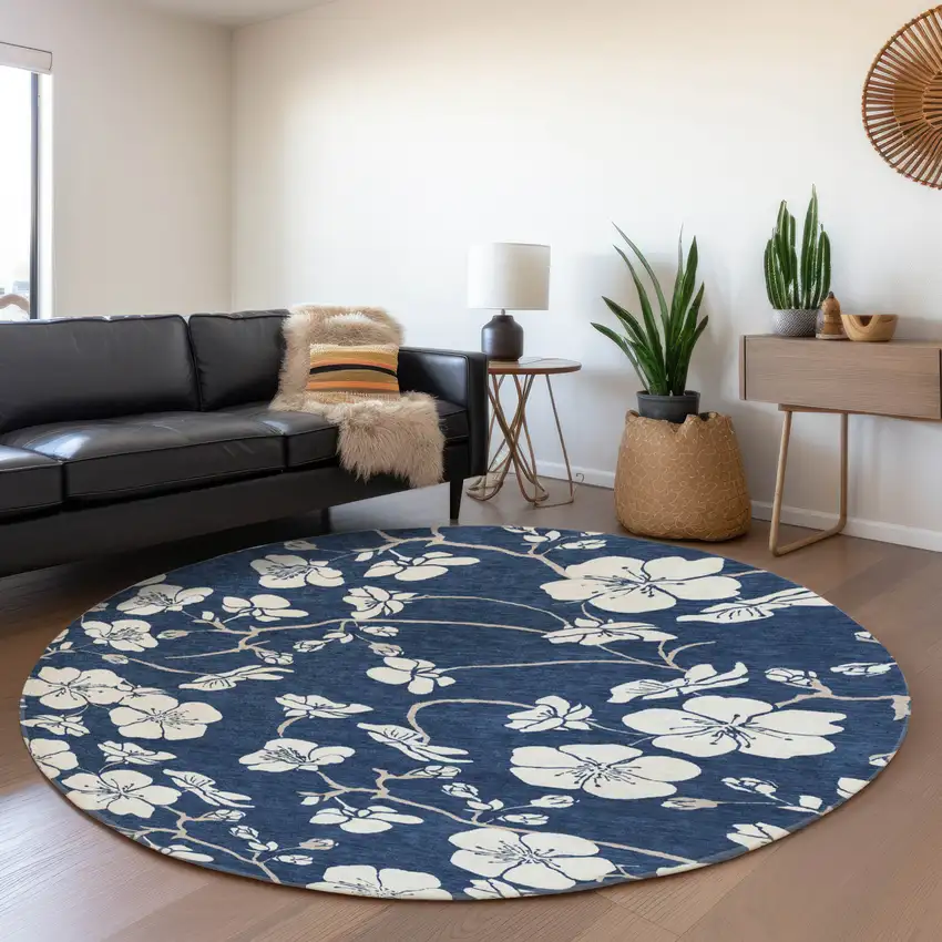 8' Navy Blue And Ivory Floral Washable Round Rug With UV Protection Photo 4
