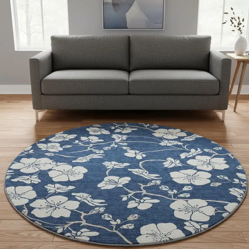 8' Navy Blue And Ivory Floral Washable Round Rug With UV Protection Photo 2
