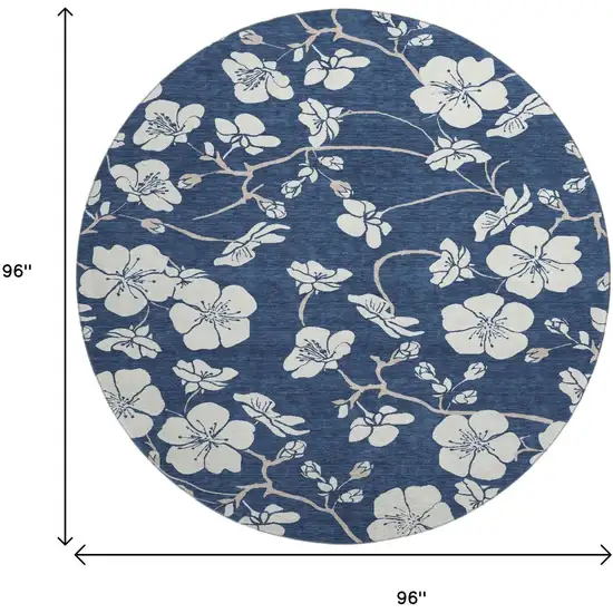 8' Navy Blue And Ivory Floral Washable Round Rug With UV Protection Photo 9