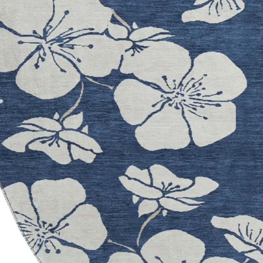 8' Navy Blue And Ivory Floral Washable Round Rug With UV Protection Photo 2