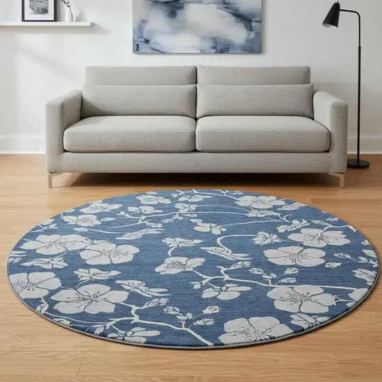 8' Navy Blue And Ivory Floral Washable Round Rug With UV Protection Photo 2
