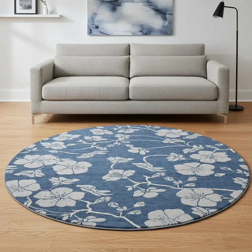 8' Navy Blue And Ivory Floral Washable Round Rug With UV Protection Photo 2