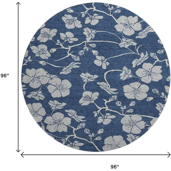 8' Navy Blue And Ivory Floral Washable Round Rug With UV Protection Photo 8