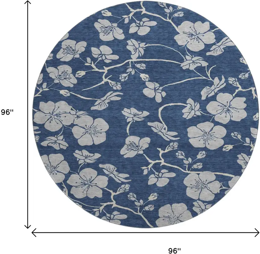 8' Navy Blue And Ivory Floral Washable Round Rug With UV Protection Photo 8