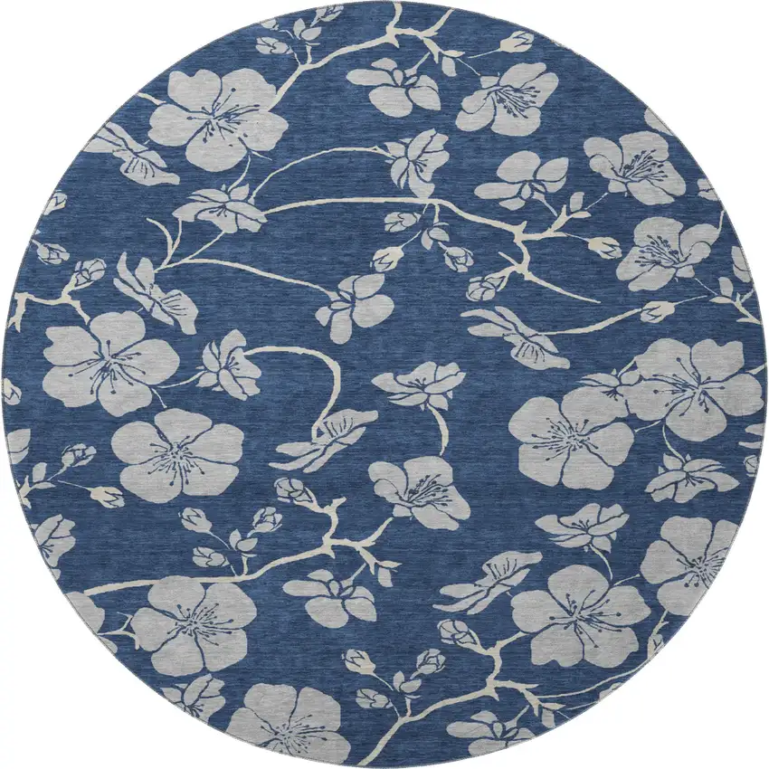 8' Navy Blue And Ivory Floral Washable Round Rug With UV Protection Photo 2