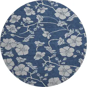Photo of 8' Navy Blue And Ivory Floral Washable Round Rug With UV Protection