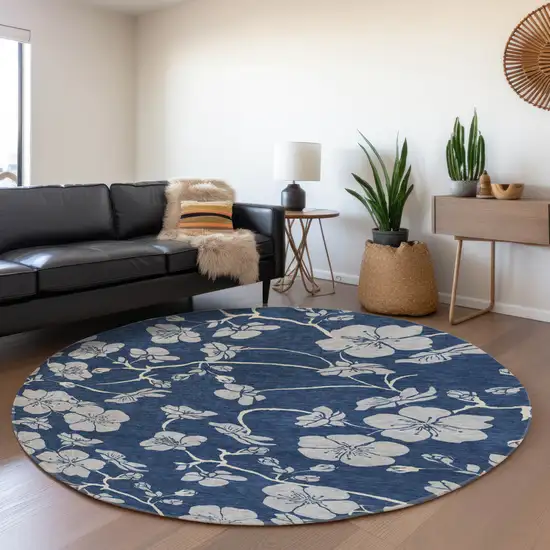 8' Navy Blue And Ivory Floral Washable Round Rug With UV Protection Photo 3